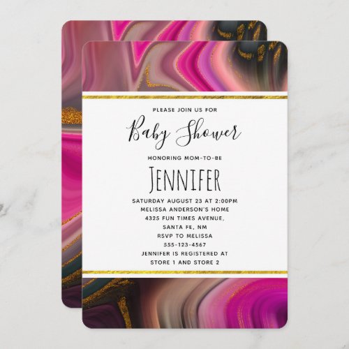 Pink and Black with Gold Swirls Baby Shower Invitation