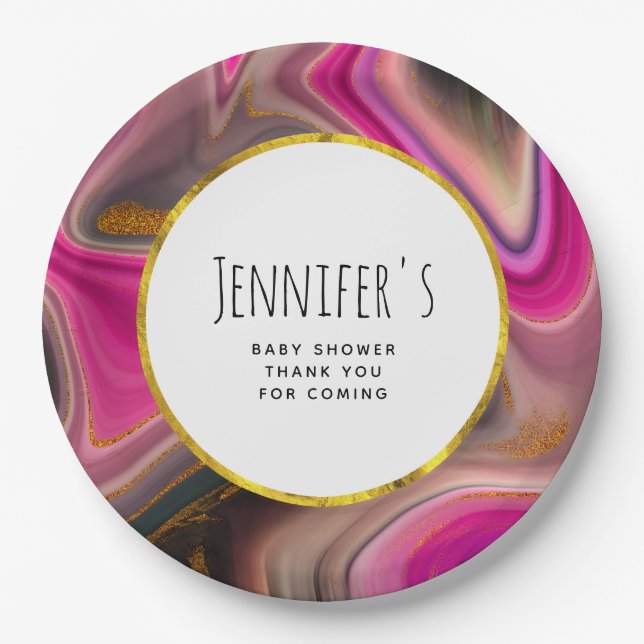 Pink and Black with Gold Swirls Baby Shower Paper Plates (Front)