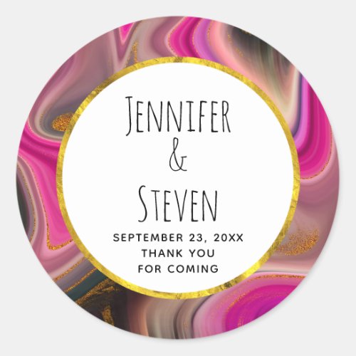 Pink and Black with Gold Swirls Wedding Thank You Classic Round Sticker