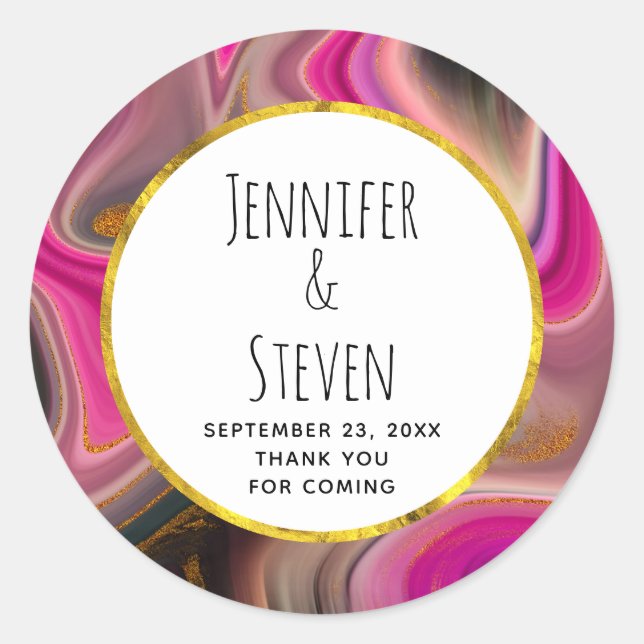 Pink and Black with Gold Swirls Wedding Thank You Classic Round Sticker (Front)