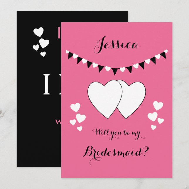 Pink and black with hearts bunting Bridesmaid Invitation (Front/Back)
