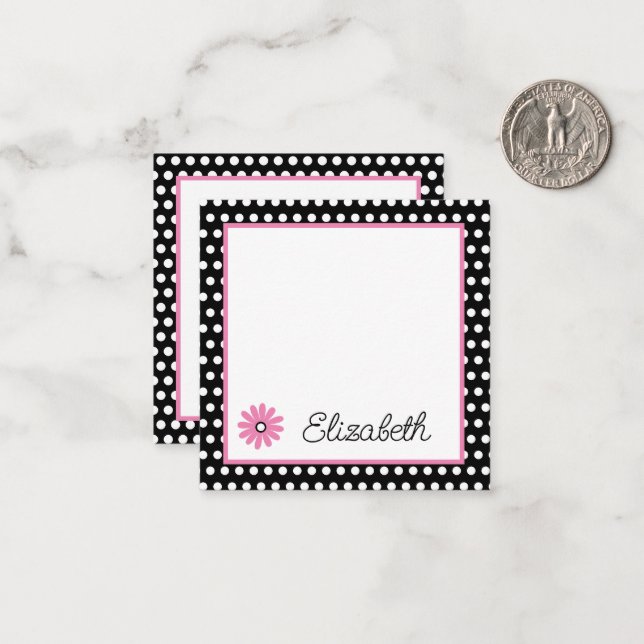 Pink and Black With White Polka Dots Personalized Note Card (Front/Back In Situ)