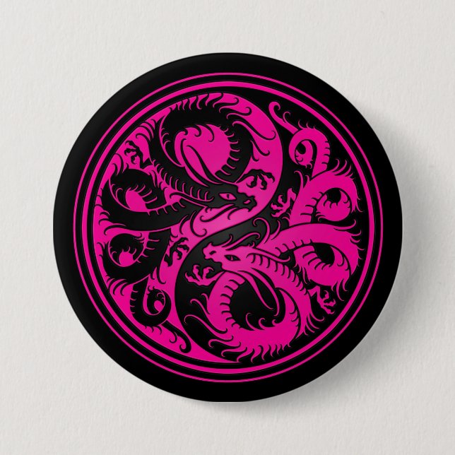 Pink and Black Yin Yang Chinese Dragons Pinback Button (Front)