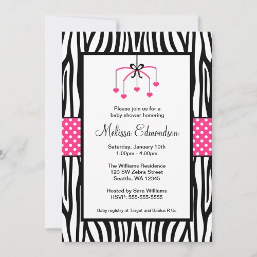 Pink and Black Zebra Heart Mobile Baby Shower Invite