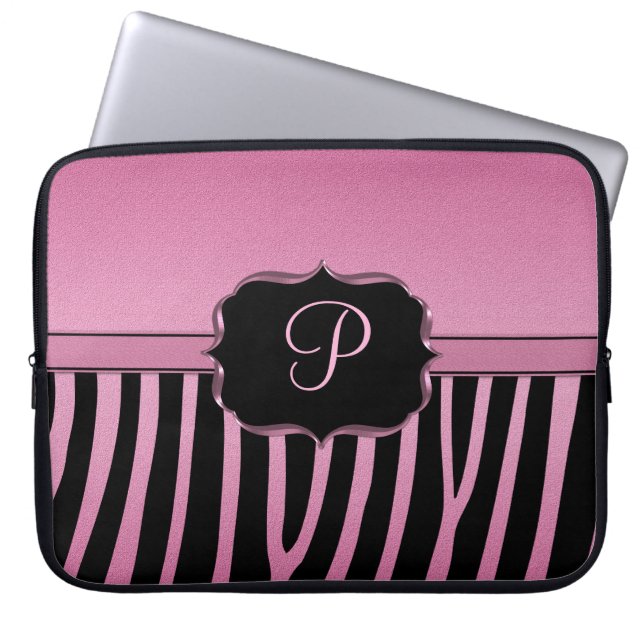 Pink and Black Zebra Monogram Laptop Sleeve (Front)