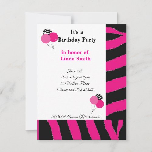 Pink and Black Zebra Pattern Birthday Invitation