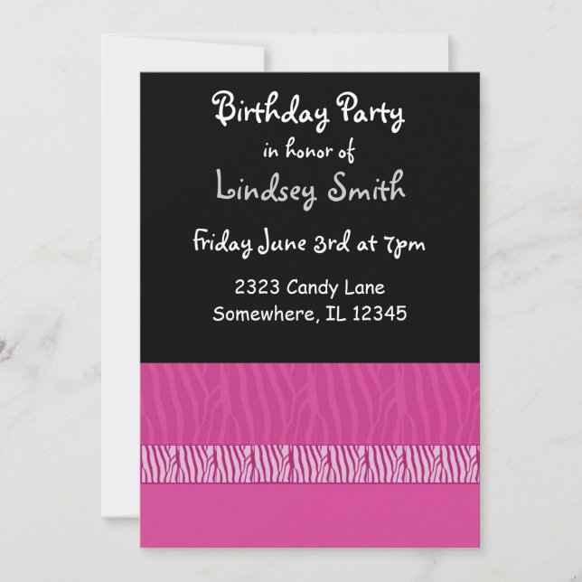 Pink and Black Zebra Print Birthday Invitation (Front)