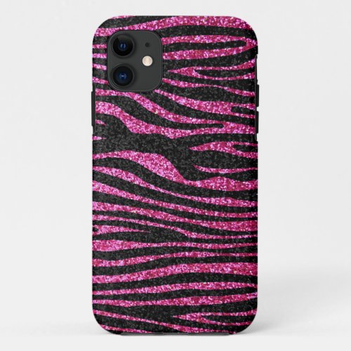 Pink and Black Zebra Print bling faux glitter iPhone 11 Case