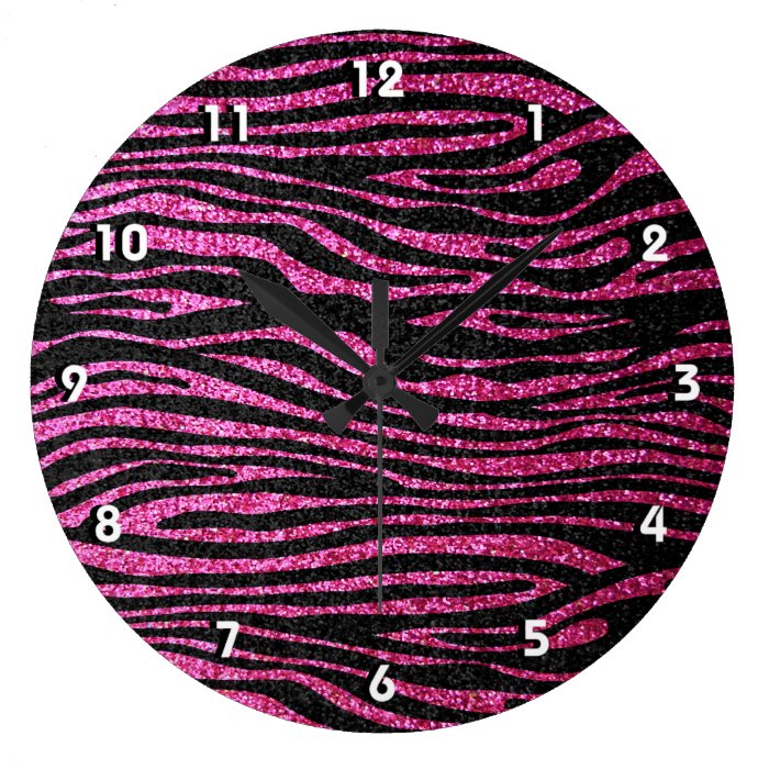 Pink and Black Zebra Print bling (faux glitter) Wall Clocks