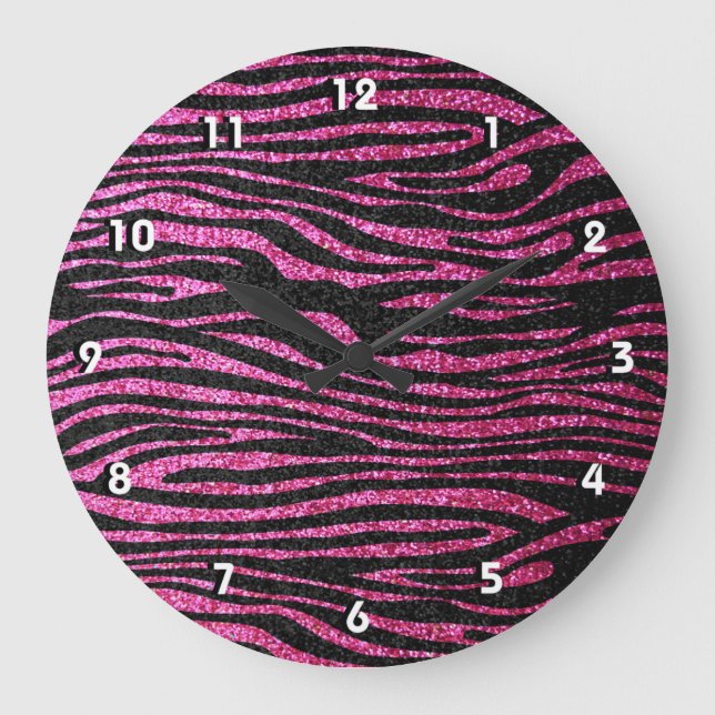 Pink and Black Zebra Print bling (faux glitter) Large Clock (Front)