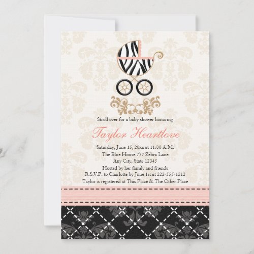 Pink and Black Zebra Print Carriage Baby Shower Invitation