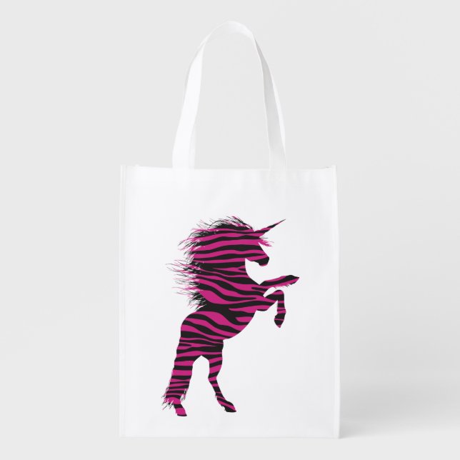 Pink and Black Zebra Print Unicorn Grocery Bag (Front)