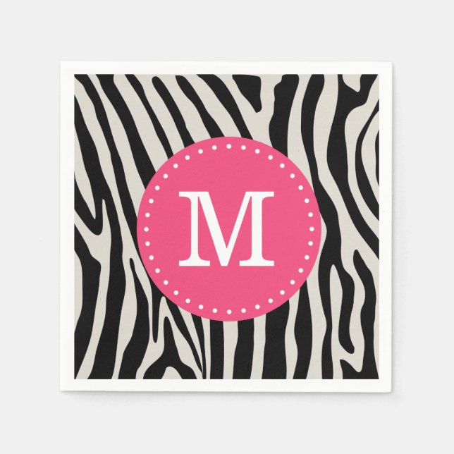 Pink and Black Zebra Stripe Custom Monogram Paper Napkins (Front)