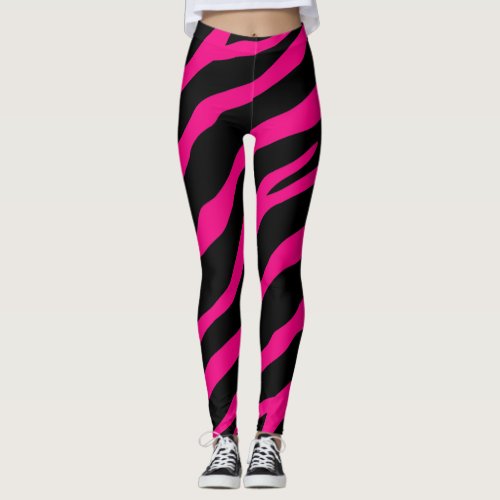 Pink and black zebra stripe wild animal print leggings