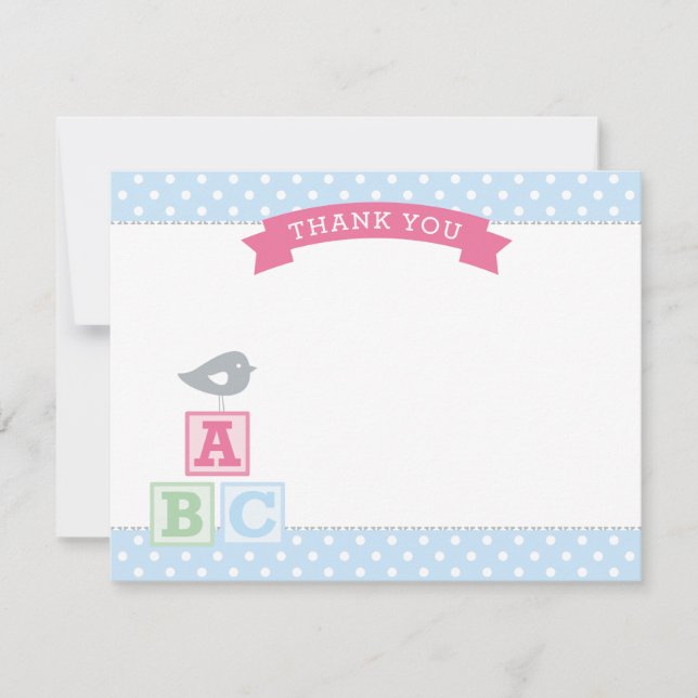Pink and Blue ABC Blocks Bird Baby Girl Thank You Card (Front)