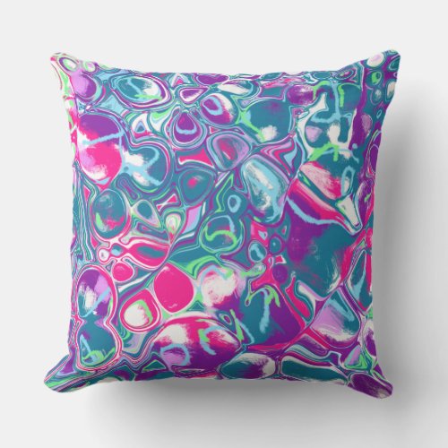 Pink and Blue Abstract Fluid Art Outdoor Pillow