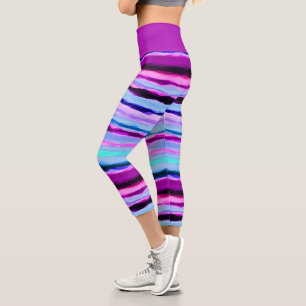 Pink and Blue Abstract Stripes Capri Leggings