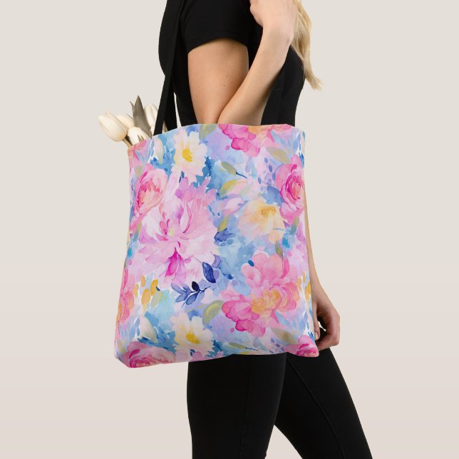 Pink and Blue Abstract Watercolor Flowers Tote Bag (Close Up)
