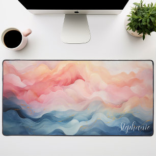 Pink And Blue Abstract Waves Personalized Desk Mat