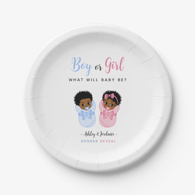 Pink and Blue African American Baby Gender Reveal  Paper Plates (Front)