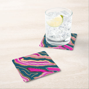 Pink and blue agate pattern square paper coaster
