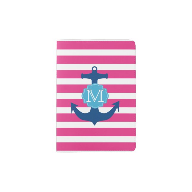 Pink and Blue Anchor Monogram Passport Holder (Front)