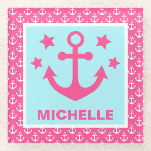Pink and Blue Anchors Nautical Pattern Glass Coaster