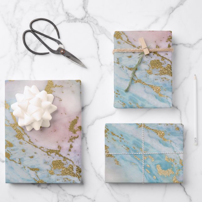 Pink and Blue and Gold Marble Look Wrapping Paper Sheets (Front)