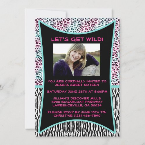 Pink and Blue Animal Print Sweet 16 Invitation