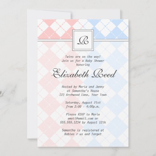 Pink and Blue Argyle Monogrammed Twins Baby Shower Cards