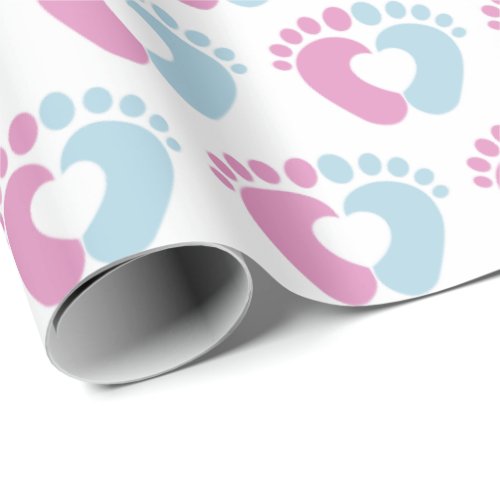 Pink And Blue Baby Footprint Heart Wrapping Paper