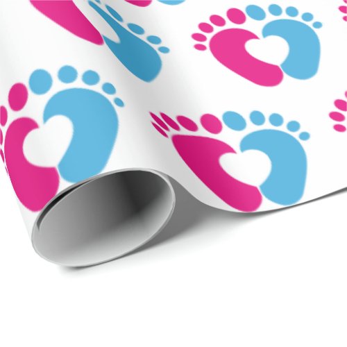 Pink And Blue Baby Footprint Heart  Wrapping Paper