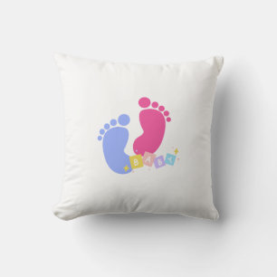 Pink and Blue Baby Footprints and Blocks Throw Pillow