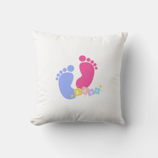 Pink and Blue Baby Footprints and Blocks Throw Pillow