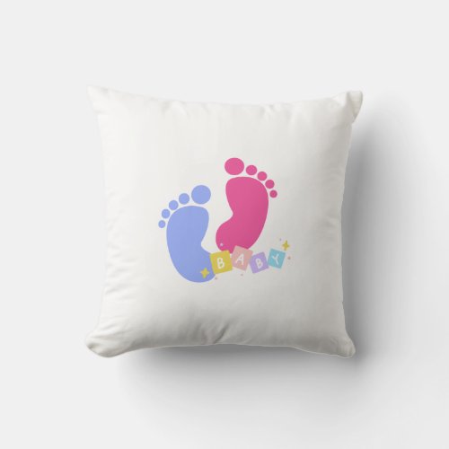 Pink and Blue Baby Footprints and Blocks Throw Pillow