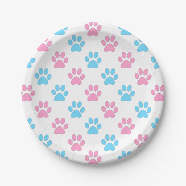 Pink and blue baby paws pattern paper plates (Front)