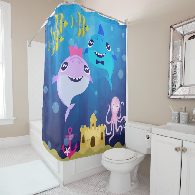 Pink and Blue Baby Shark Shower Curtain (In Situ)
