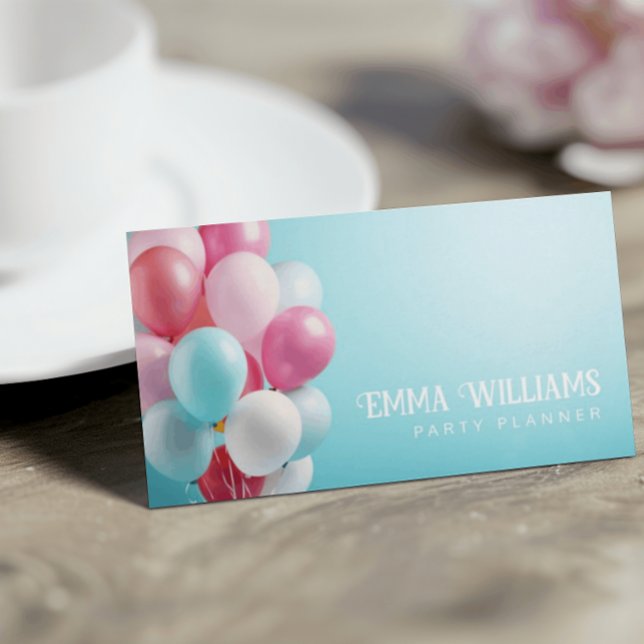 Pink and Blue Ballons Party Planner Business Card (Creator Uploaded)