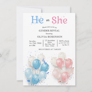 Pink and Blue Balloon He or She Gender Reveal Invitation