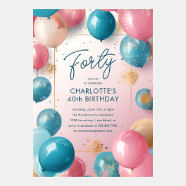 Pink and Blue Balloons 40th Birthday Invitation