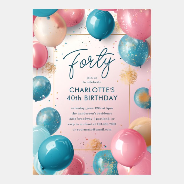 Pink and Blue Balloons 40th Birthday Invitation (Front)