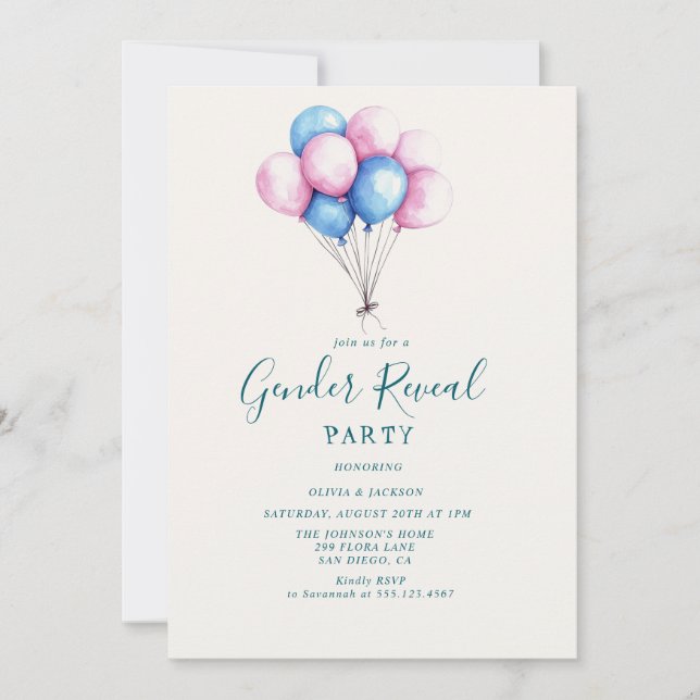 Pink and Blue Balloons Gender Reveal Party  Invitation (Front)