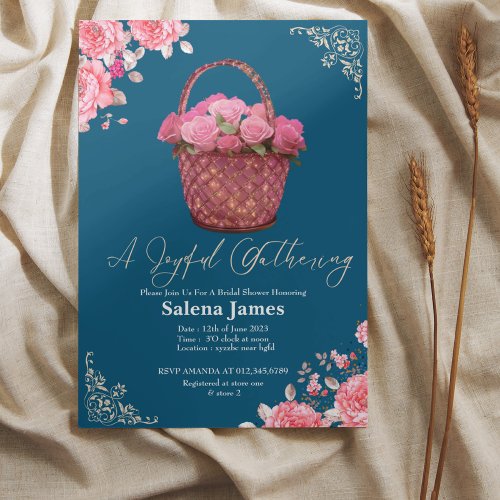 Pink and blue basket floral bridal shower invitation