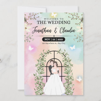 Pink and blue beautiful watercolor wedding invitation