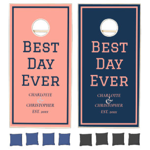 Pink and Blue Best Day Ever Wedding Cornhole Set