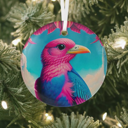 Pink and blue bird glass ornament