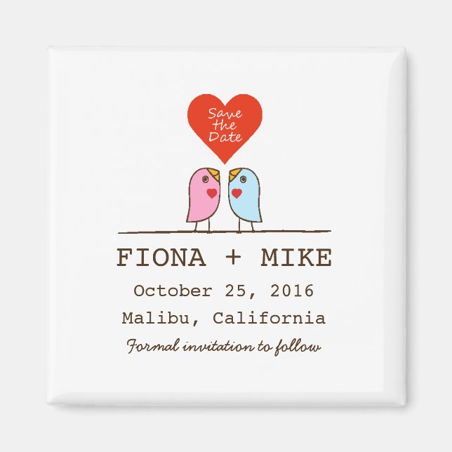 Pink and Blue Birds Save the Date Magnet (Front)