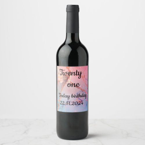 Pink and blue black Lettering 21st Birthday Party  Wine Label