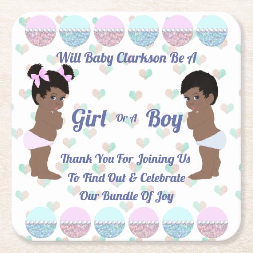 Pink and Blue Bling Cute Baby Gender Reveal Square Paper Coaster