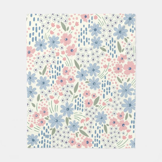 Pink and blue botanical  fleece blanket (Front)